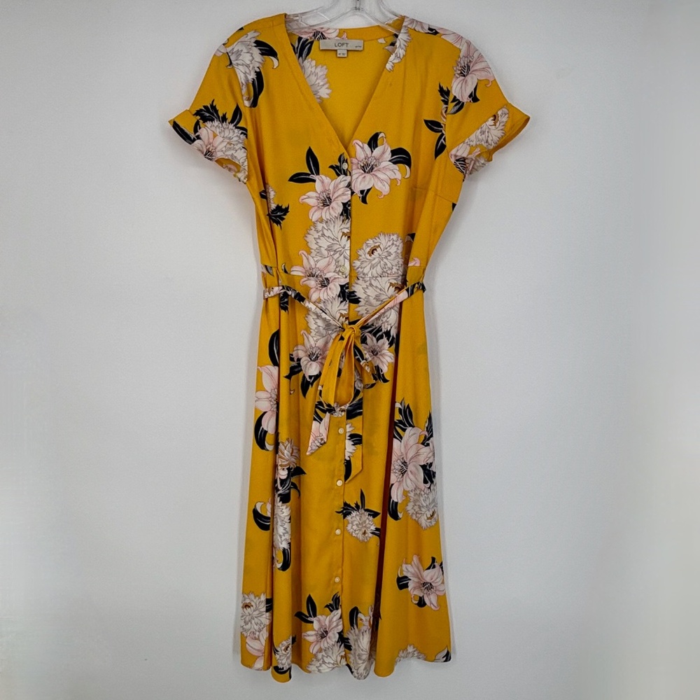 Loft Petites Womens 4P Button Front Maxi Shirt Dress Yellow Floral Belt Short Sl - Picture 2 of 9